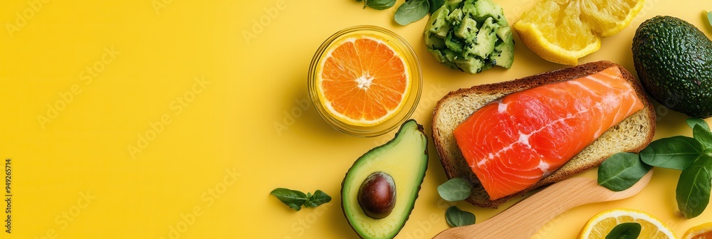 Aufkleber a colorful breakfast spread features avocado toast topped with salmon, accompanied by fresh citrus f