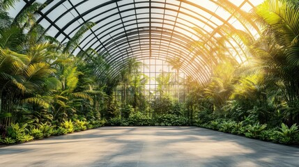 Smart garden, automated watering system, plants thriving, sunlight streaming through glass roof