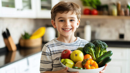 Fototapeta premium little cute smiling boy holding bowl with fruits and vegetables in kitchen, child, kid, kids, healthy eating, bananas, apples, broccoli, food, vegetarianism, portrait, person, face, dish