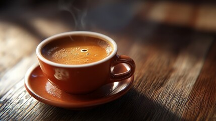 A steaming cup of freshly brewed coffee in a rustic brown cup and saucer on a wooden table, exuding warmth and inviting comfort.