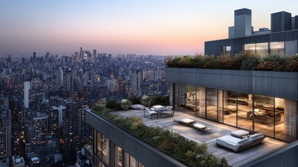 Stylish penthouse exterior, large glass balcony, rooftop garden, panoramic city view