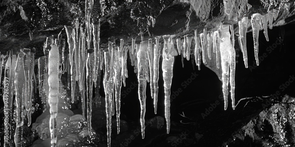 Poster black and white photo of icicles hanging from a tree branch, frozen in time