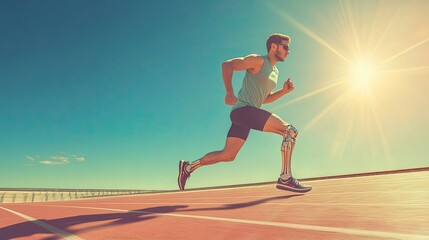 Teenager with a prosthetic leg running on a track, focused determination, sunny day