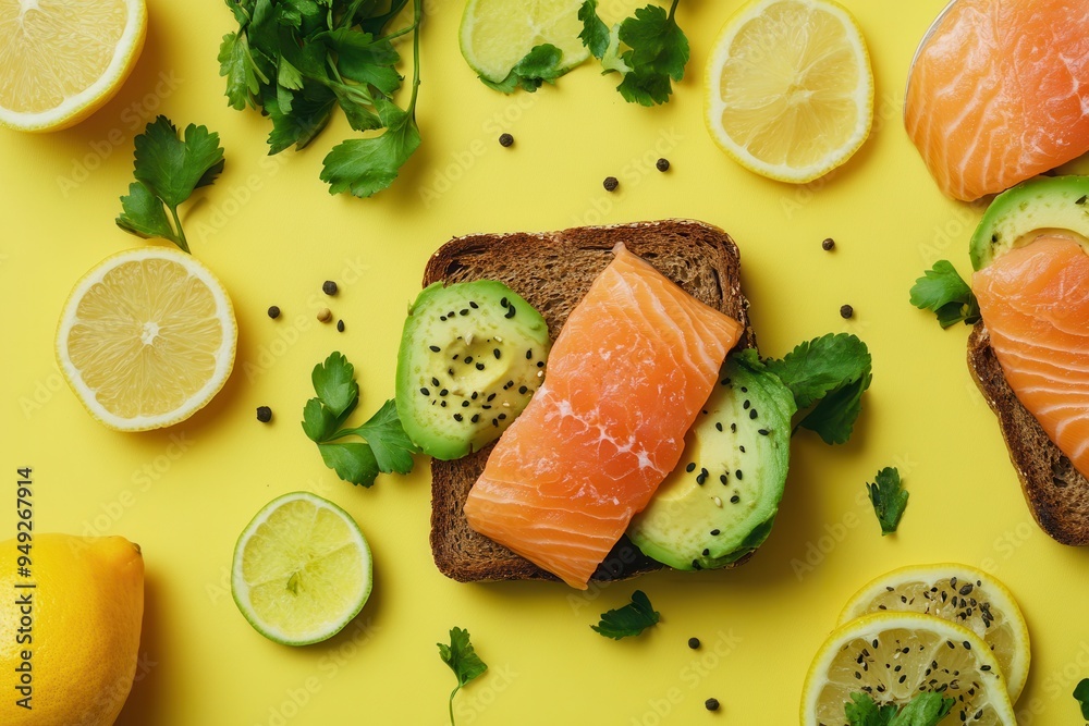 Poster a delightful breakfast spread showcases avocado toast topped with salmon and surrounded by fresh cit