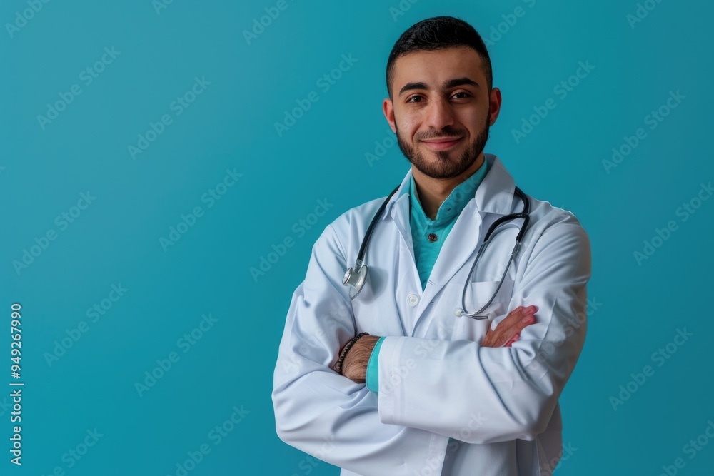 Poster a person in a lab coat standing with their arms crossed, suitable for use as a generic illustration 