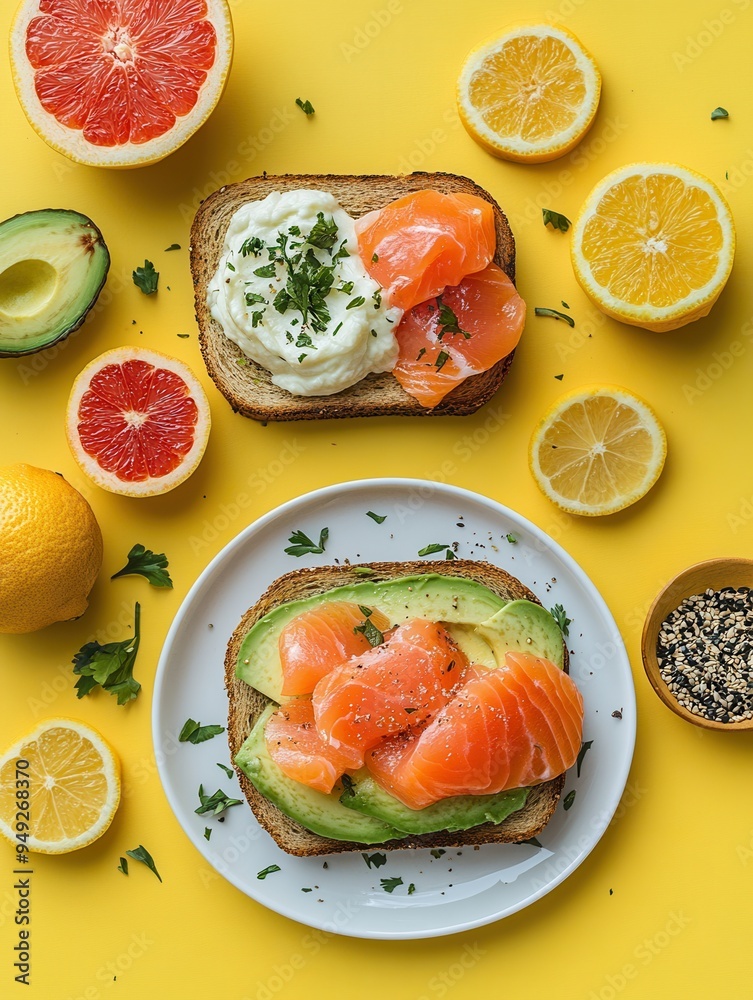 Poster start the day with a nutritious breakfast spread showcasing avocado toast topped with salmon, alongs