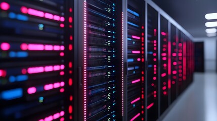Naklejka premium Server Room Interior with Red and Blue Lights