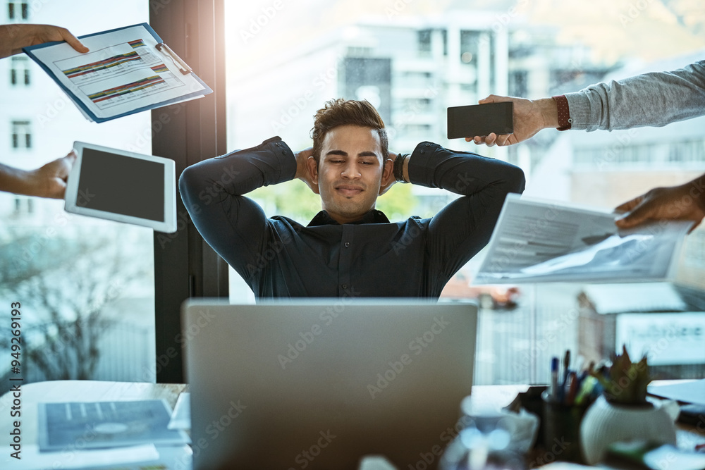 Poster calm, hands and man with smile, office and multitasking with busy schedule, laptop and stretching. r