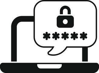 Laptop is showing a speech bubble containing a lock icon and a password, representing the concept of online security