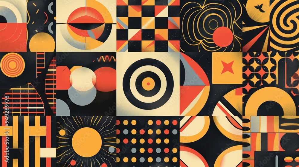 Poster geometric shapes and patterns on a dark, black surface