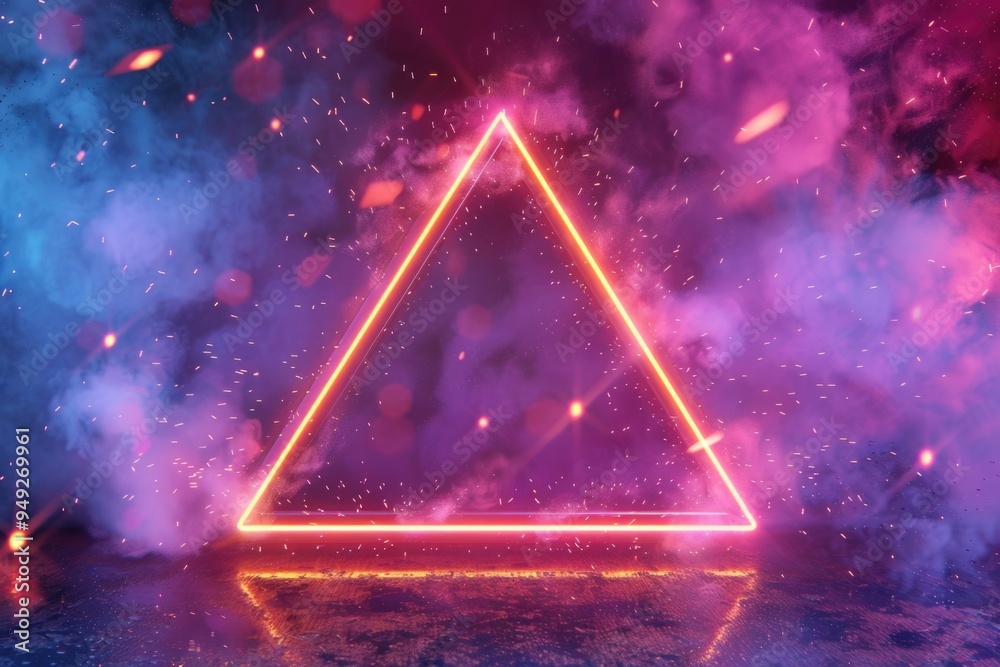 Poster A single neon triangle illuminated in a dimly lit space, perfect for use as a symbol or accent in your designs