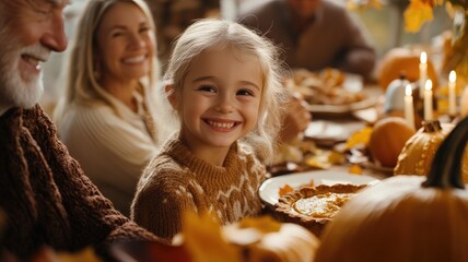 Happy family enjoys festive autumn meal together at decorated table