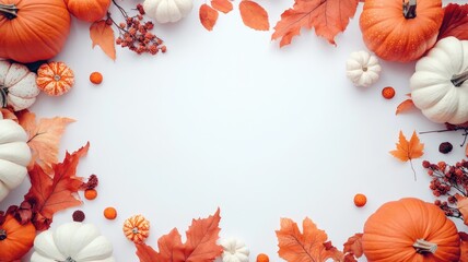 Obraz premium Autumn frame with pumpkins, leaves, and berries on white background