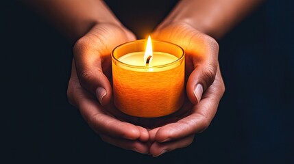 Womanâ€™s hands holding a candle, part of a traditional procession, nighttime setting, soft glow