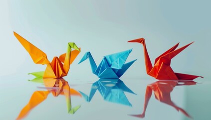 Three origami birds are sitting on a table with reflections. AI. © Nikolay