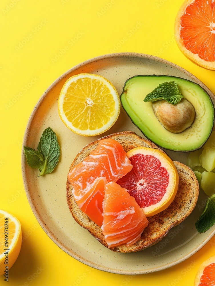 Poster savor a nutritious breakfast featuring avocado toast topped with salmon, complemented by fresh citru