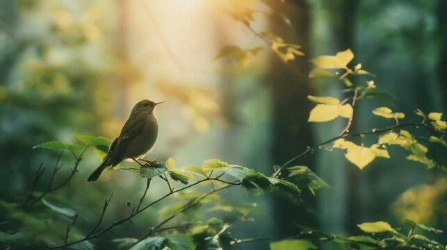 A small bird rests on a branch in a forest with sunlight filtering through the leaves, creating a warm and peaceful atmosphere. Seamless looping video background animation. Generated with AI

