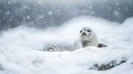 A lone seal pup rests on a snow-covered beach, with a gentle snowfall creating a blanket of white