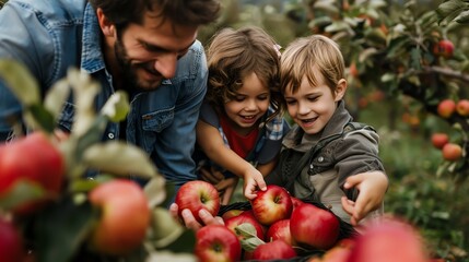 Fototapeta premium A father and his two young children look into a basket of apples at an orchard.