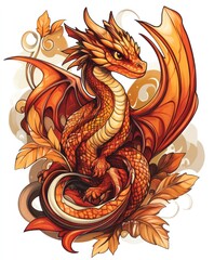 Fototapeta premium A vibrant orange dragon perched among autumn leaves, showcasing fantasy art style.