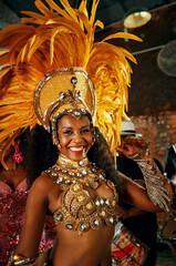 Carnival, dance and portrait of woman in Brazil for culture, performance or tradition at festival....
