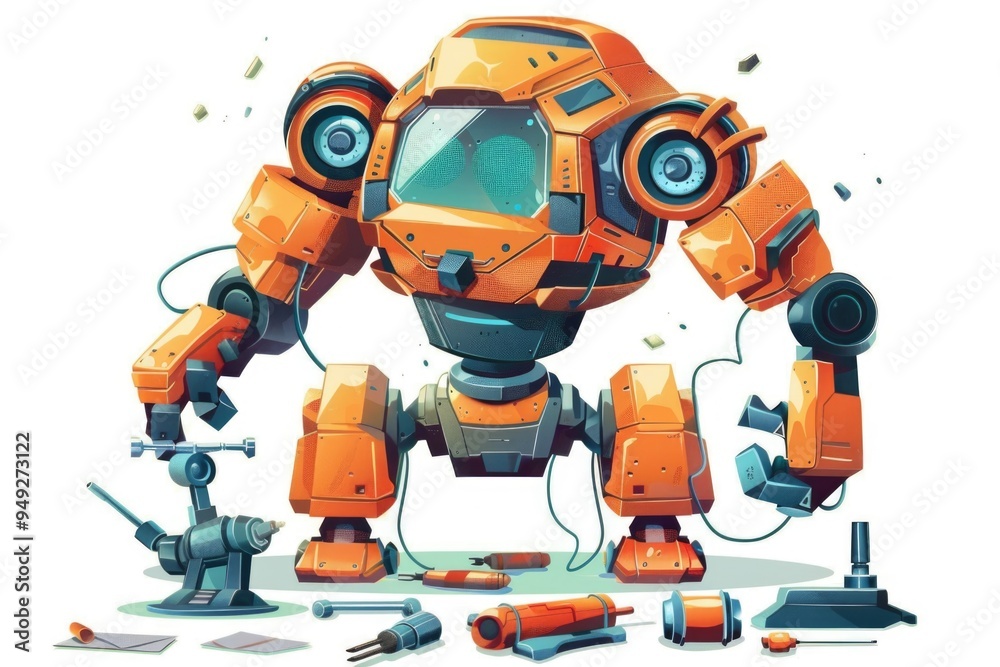 Poster a robot standing alongside various tools, ideal for illustrations on technology and innovation