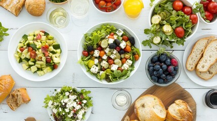 Fresh salads and colorful fruits arranged on a rustic table, perfect for a summer gathering with friends and family