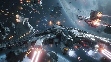 A spaceship flies through space while in combat with other spaceships.