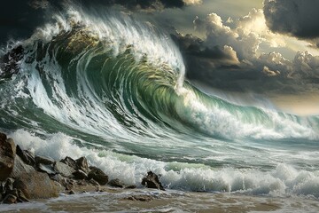 A dramatic ocean wave crashes against rocky shorelines under moody skies, capturing the serene yet turbulent beauty of nature.