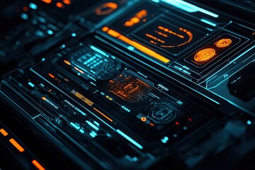 Obraz premium Futuristic control panel with glowing interface elements in blue and orange tones, ideal for technology and innovation themes.