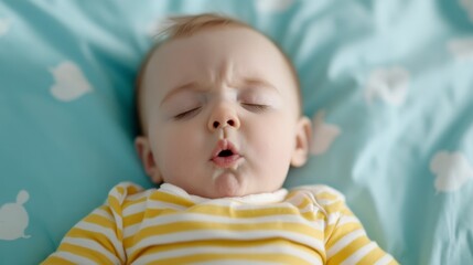 A sleeping baby with a peaceful expression, enjoying a moment of tranquility on a soft blanket with gentle colors.