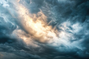 Fototapeta premium An airplane flies through a cloudy atmosphere with scattered clouds