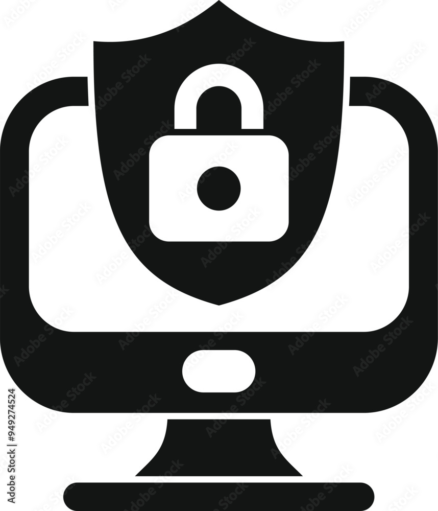 Poster shield with a lock icon is displayed in front of a computer monitor, representing online security an