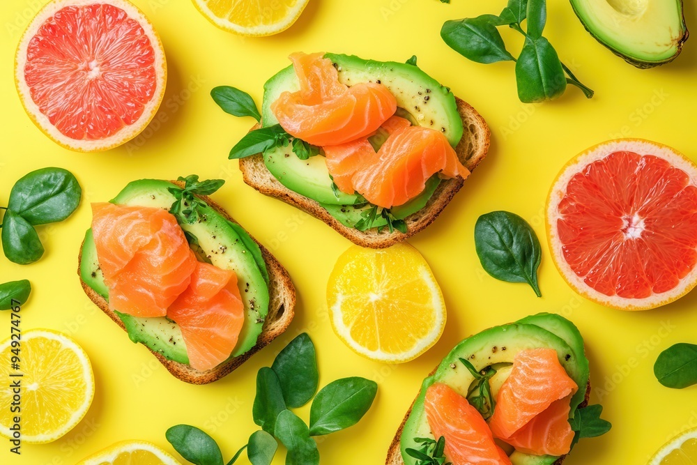 Aufkleber delicious avocado toast topped with salmon and fresh citrus slices creates a bright and healthy brea
