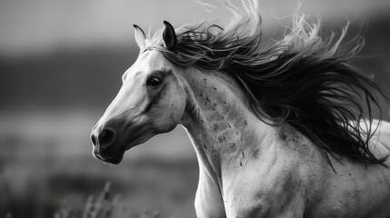 A black and white image of a horse's head with its mane flowing in the wind.