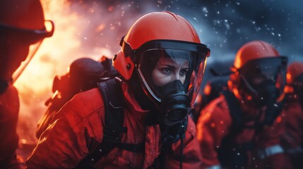Brave firefighters in orange gear and helmets, battling fierce flames during an intense night-time emergency operation.