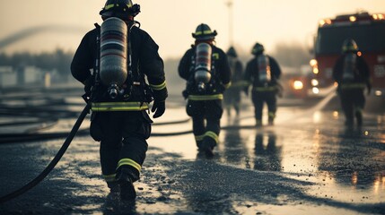 Obraz premium Brave firefighters in protective gear walking towards a scene, ready to battle a fierce blaze amidst a smoke-filled environment.