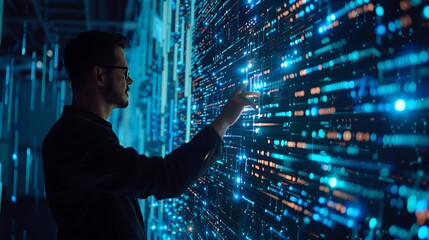 Digital technology and data management, software engineer handling data connections in a cyber environment.