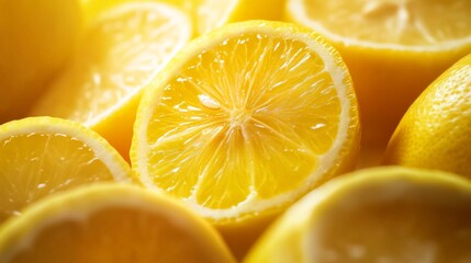 Close-up image of fresh lemon slices showcasing the vibrant yellow color and juicy texture, perfect for culinary and health-focused content.