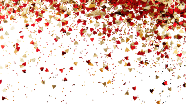 3D gold and red confetti that floats down isolated on white background