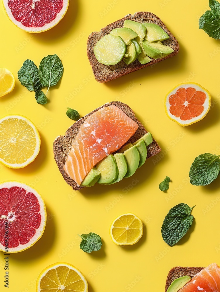 Aufkleber a colorful breakfast spreads out with avocado toast topped with salmon, surrounded by fresh citrus f