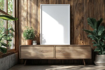 Poster Frame Mockup on Wooden Interior Background created with Generative AI