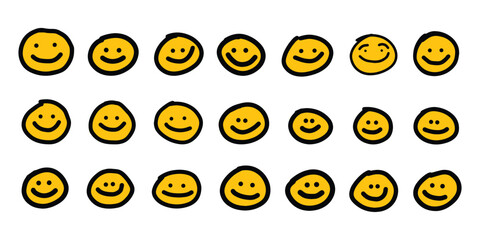 Set of emoticons. Hand drawn cute cartoon smiley emoticons. Sketches of decorative icons. Vector illustration.