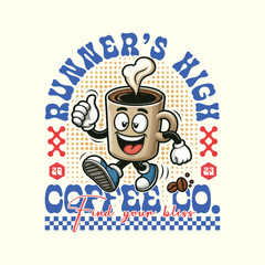 Retro coffee cup cartoon character mascot t shirt design
