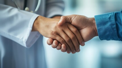 Close-up of a doctor and patient shaking hands in a medical setting, symbolizing trust and professional partnership.