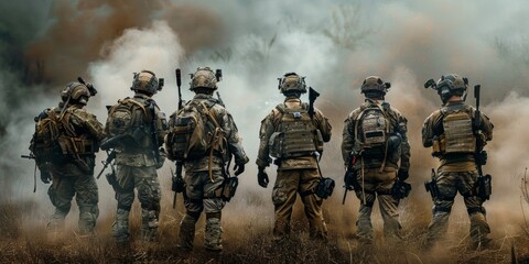 A group of soldiers on the battlefield or in a tactical exercise. Military forces. War