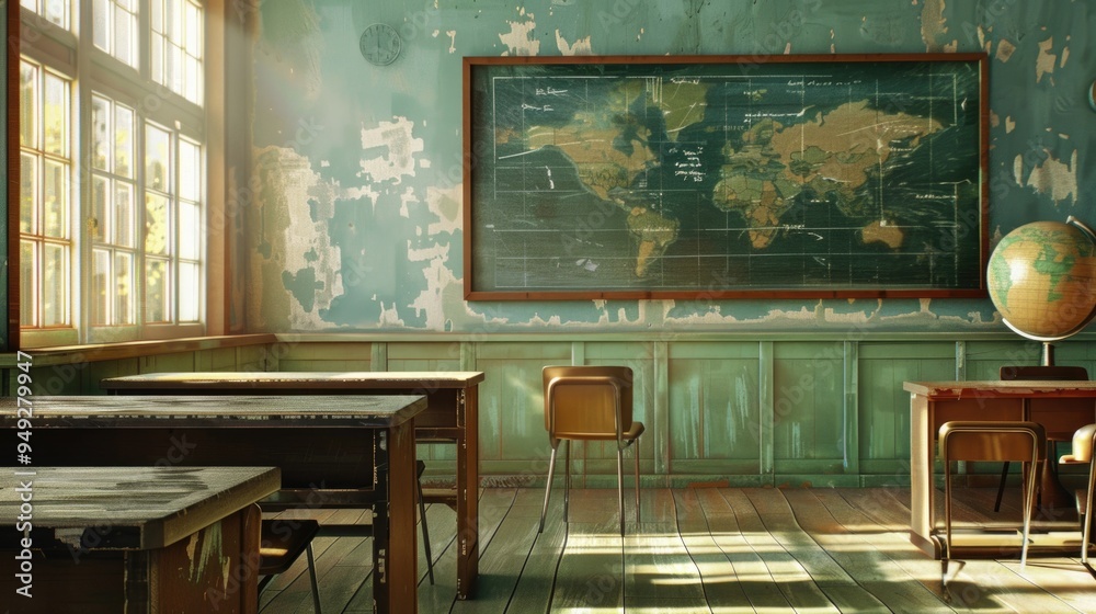 Poster a traditional classroom setting with a large map on the wall, ideal for education and learning
