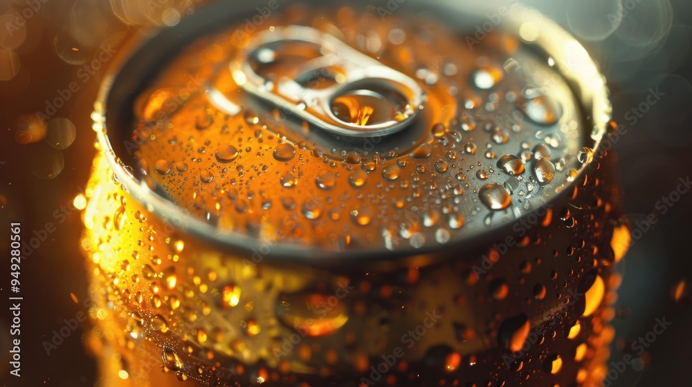 Poster a close-up of a can of soda with water droplets on it, perfect for use in food or beverage related c