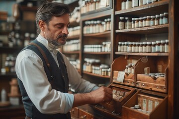 Fototapeta premium Male pharmacy professional - refined portrait of male pharmacist in pharmacy, commitment to pharmaceutical care, medication consultation, and customer service within a healthcare environment.