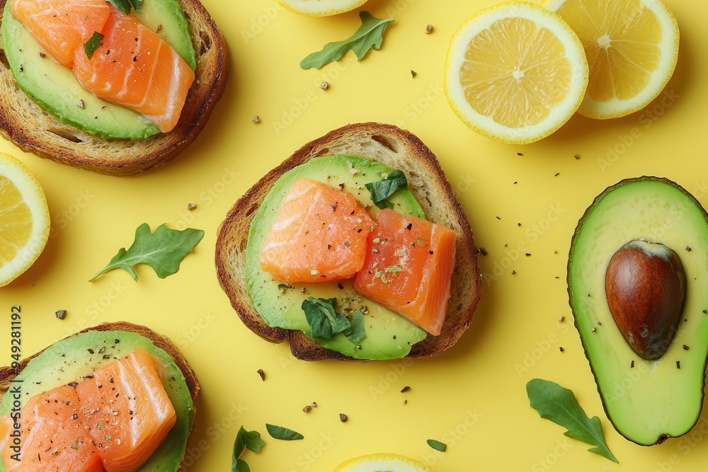 Poster enjoy a colorful healthy breakfast featuring avocado toast topped with fresh salmon and bright citru